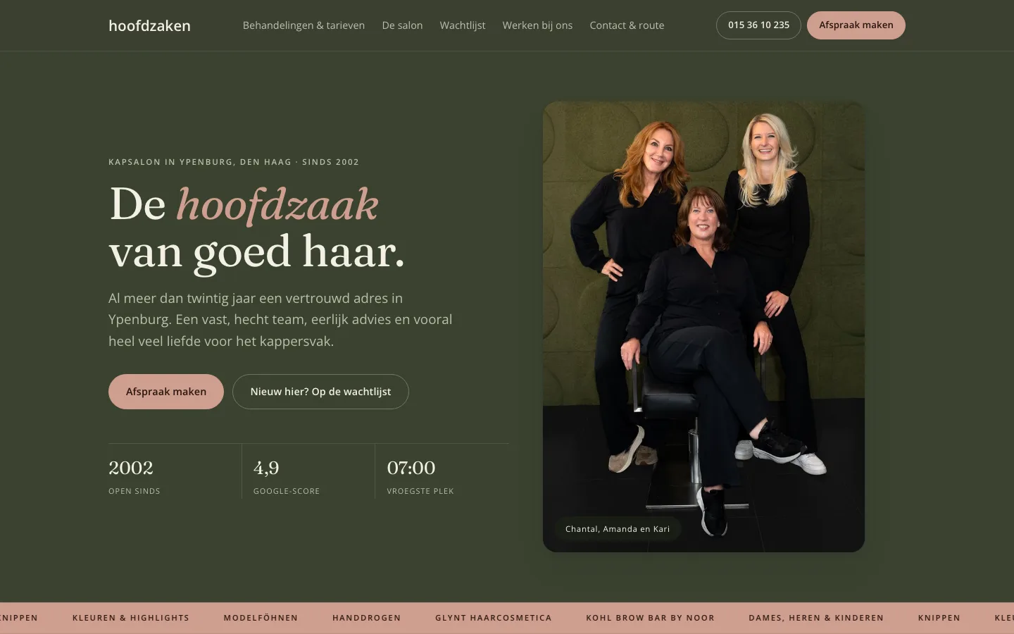 Homepage van kapsalon Hoofdzaken